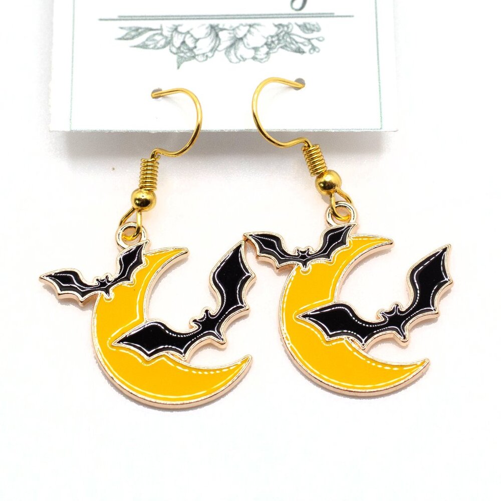 Handmade Enamel Halloween Bats on Yellow Crescent Moon Earrings, New